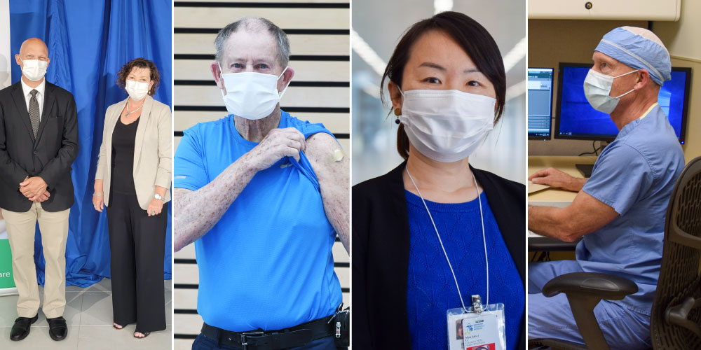collage of photos: a man and woman in business clothes, an elderly man showing off his arm that just got vaccinated, a doctor in a medical mask,
