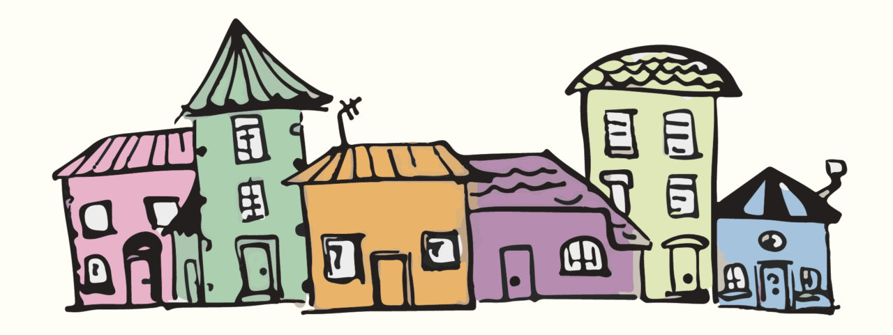 cartoon drawing of 6 different houses, all in various colours