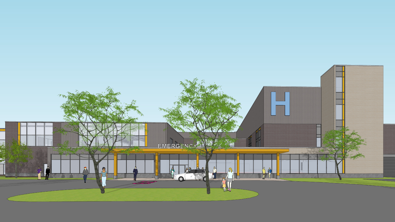 computer rendering of the front of the emergency department of the new uxbridge hospital