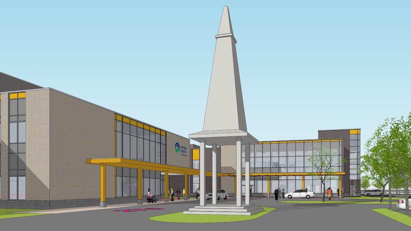 computer rendering of a spire in front of the new uxbridge hospital