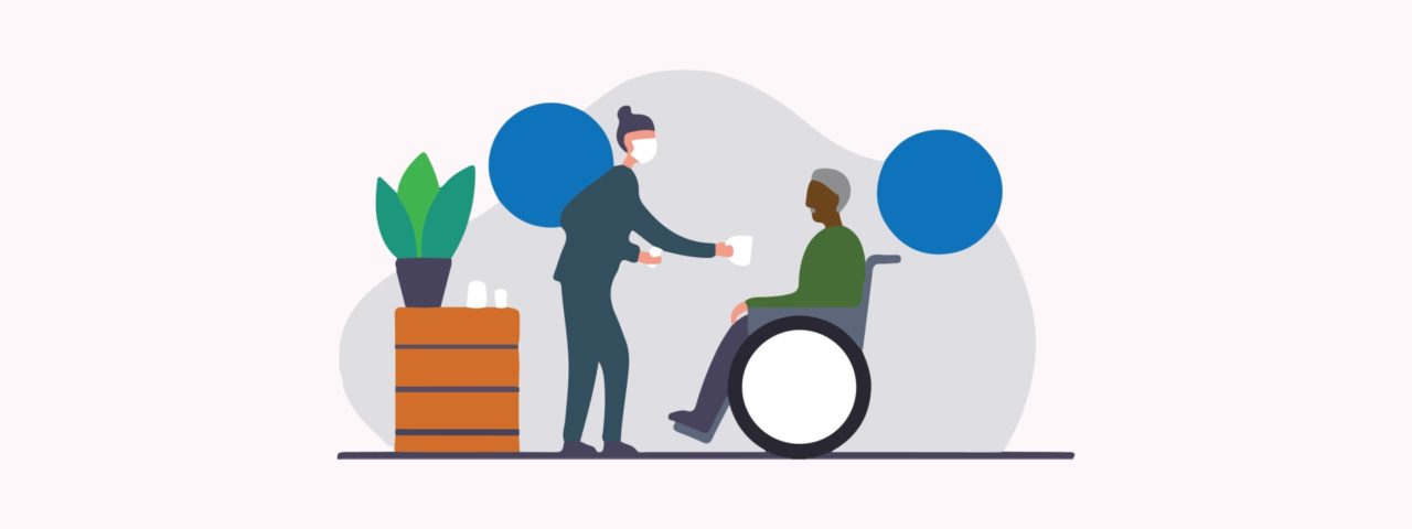 a cartoon of a woman giving a cup of water to an elderly man in a wheelchair
