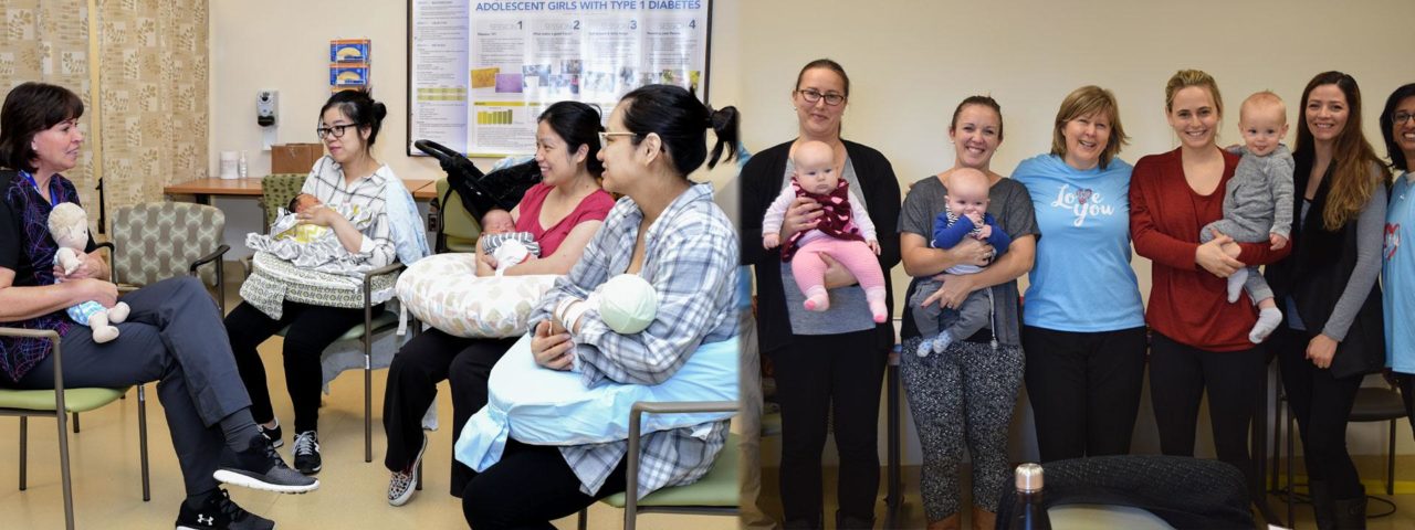 two photos of mothers holding their babies. In one photo 3 woman sit while holding newborns and talk to a nurse. In the other photo a group of woman stands together while holding their babies. All woman are smiling