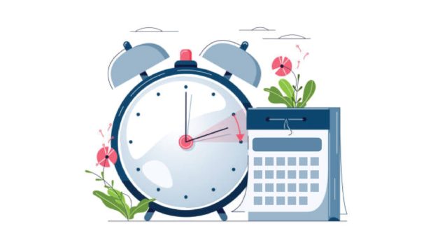 a cartoon drawing of an alarm clock and calendar