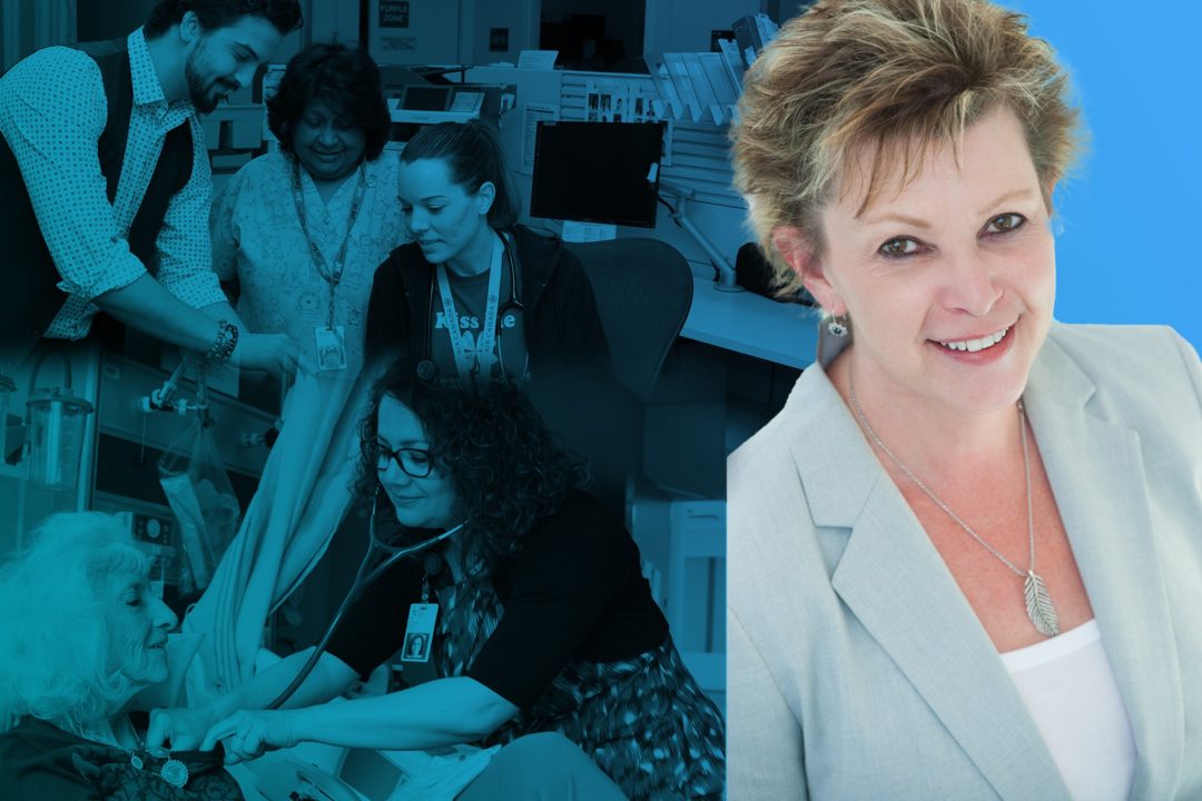 collage of two images, one of several doctors caring for a patient, the other of Jo-anne Marr from the shoulders up and smiling for the camera