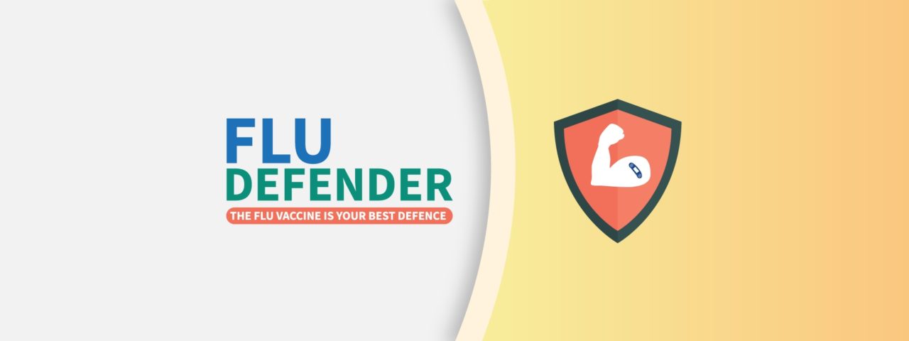 A graphic visual of our Flu Defender logo. A shield with a muscular arm.