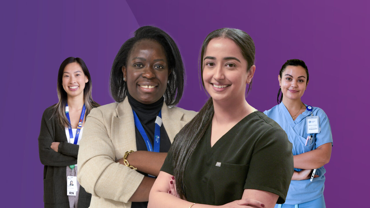 Four nurses standing side-by-side in front of a purple background.