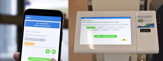 a collage of the self check in kiosk and self check-in app on an indivudal's phone