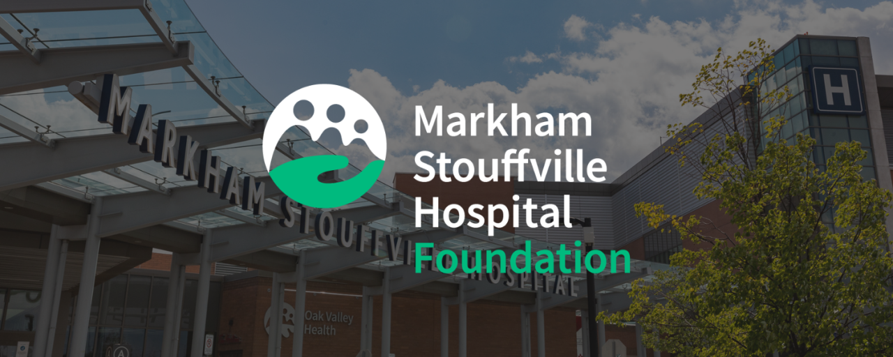 MSHF logo with a photo of the front entrance at Markham Stouffville Hospital in the background.