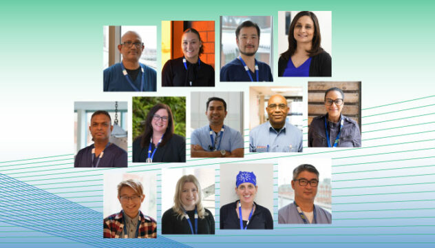 Faces of hospital staff on a blue and green background.