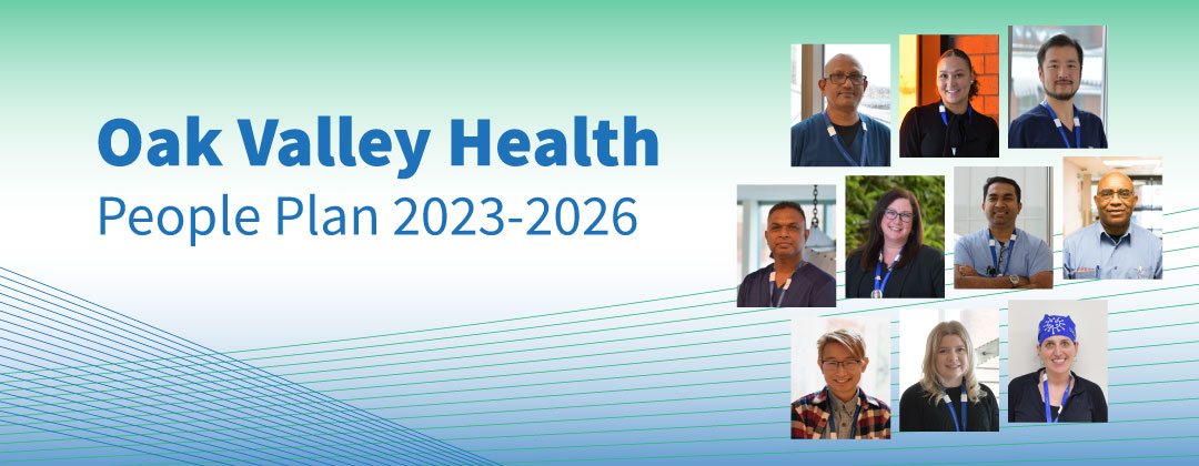 People Plan 2023-2026. Head shots of hospital staff on a blue and green background.