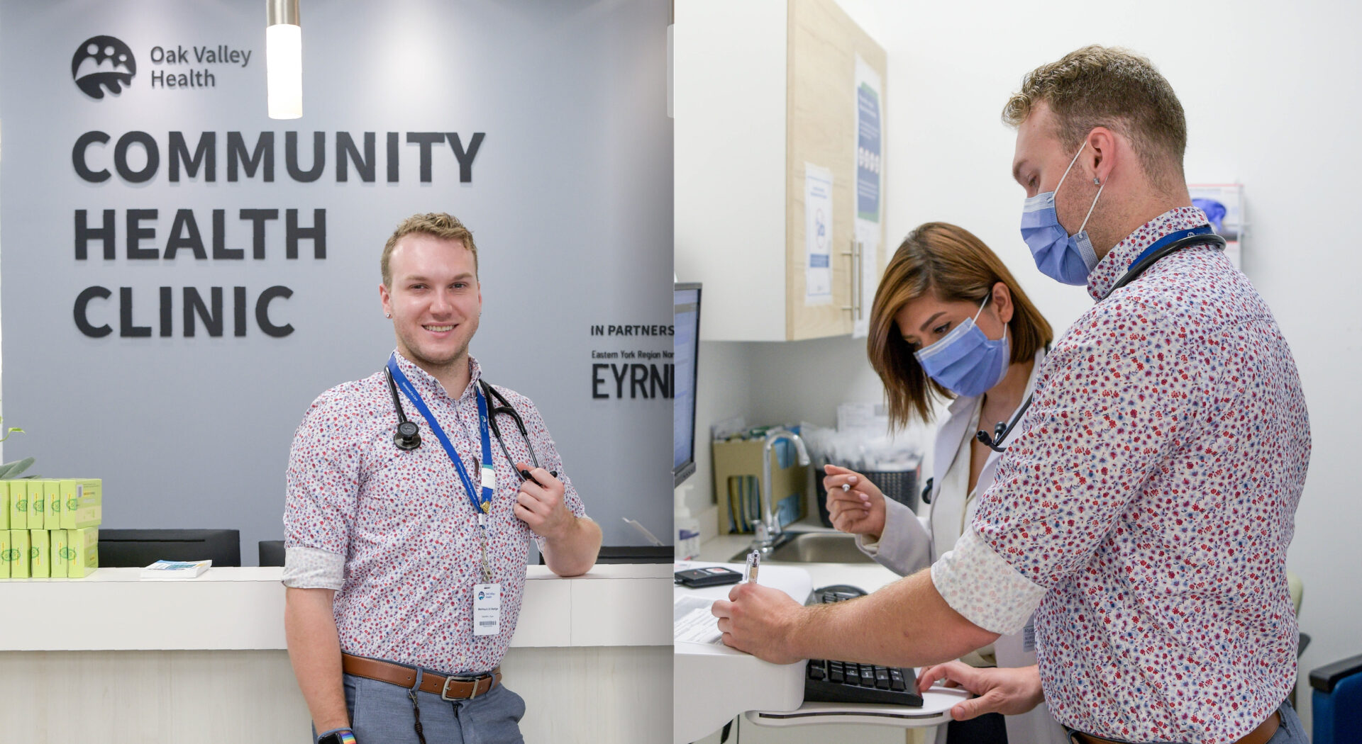 Image collage of Ryan Saunders, a Nurse Practitioner of the Community Health Clinic from Oak Valley Health. He is shown to be standing in front of the front desk, and also working with another physician inside the clinic.