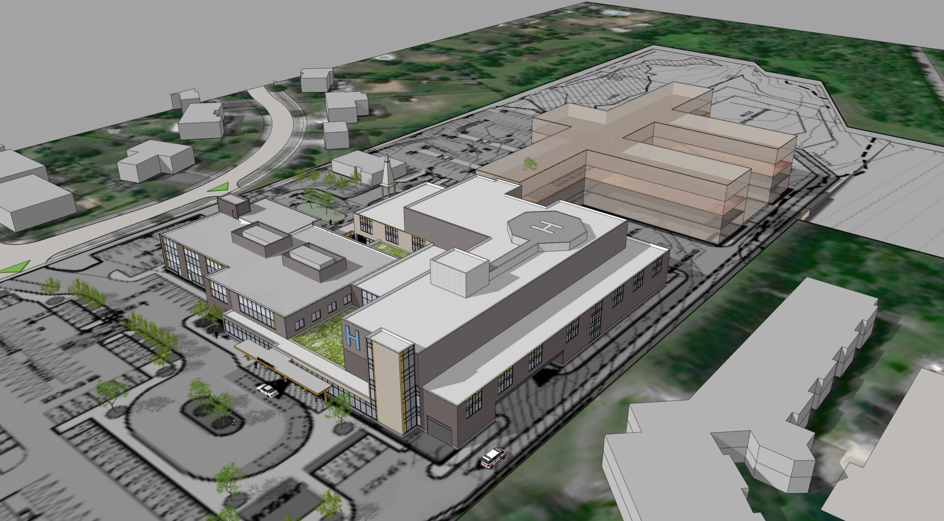 An artistic representation of the new Uxbridge Hospital. An aerial view.
