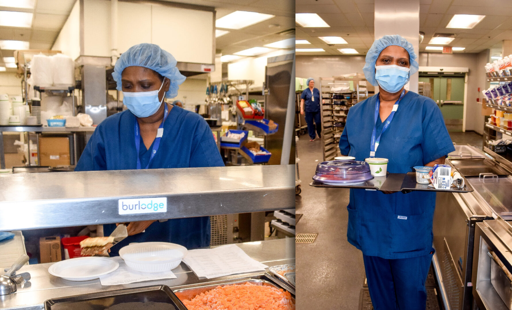 Photo of Karen Julien, a food service assistant at oak valley health, she is wearing a face and hair mask in a blue gown. The photo is split into two sections, on the left side she is shown to be putting food on a plate from a food counter. On the right side, she is shown holding a tray of food while looking at the camera.