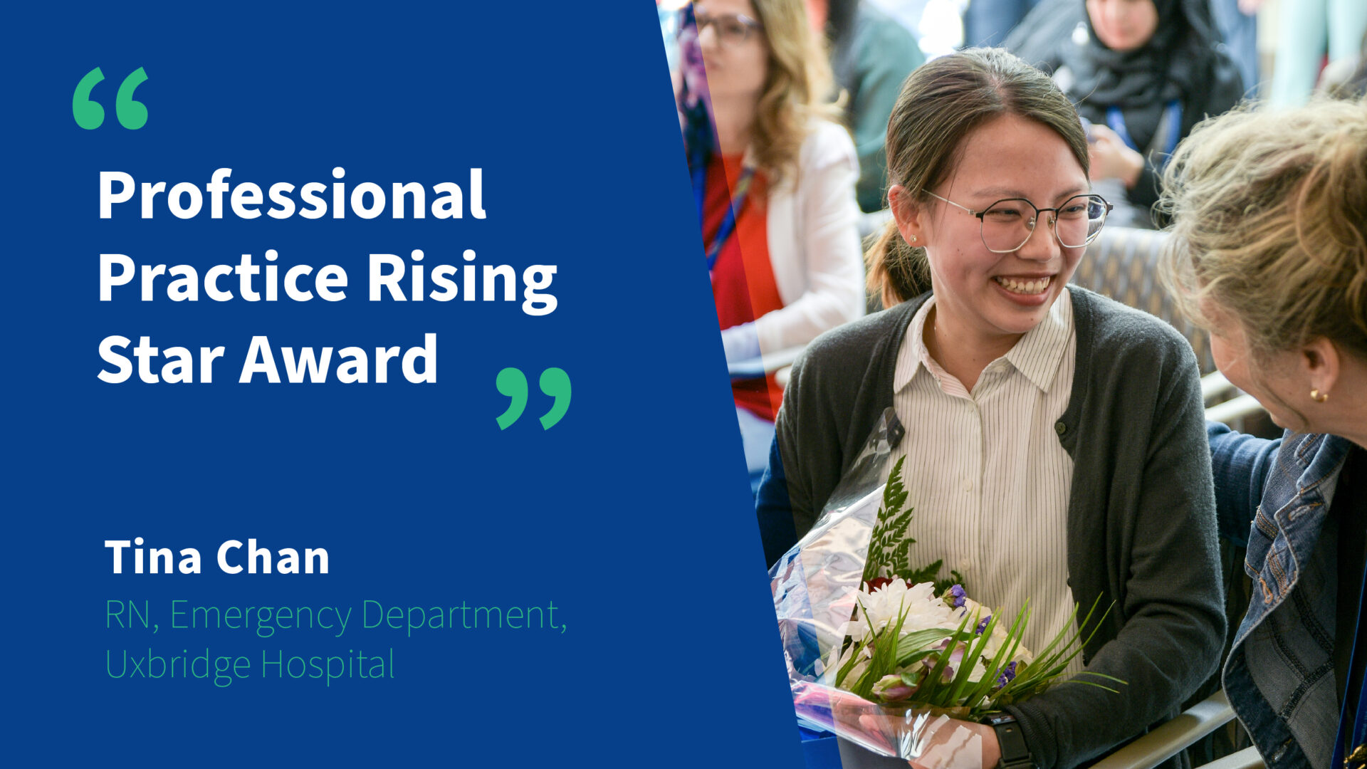 An insert image of Oak Valley Health's nursing week awards winner - Tina Chan - who is, registered nurse of the Emergency Department at Uxbridge Hospital