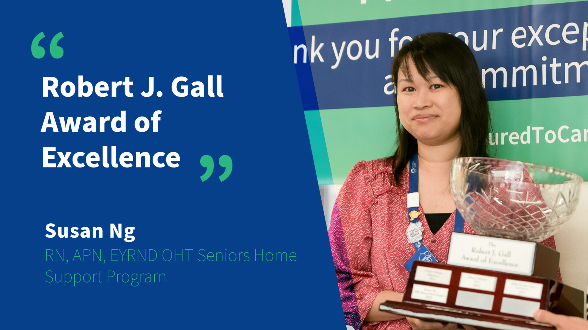 An insert image of Oak Valley Health's nursing week awards winner - Susan Ng who is a RN and APN for the EYRND OHT Seniors Home Support Program