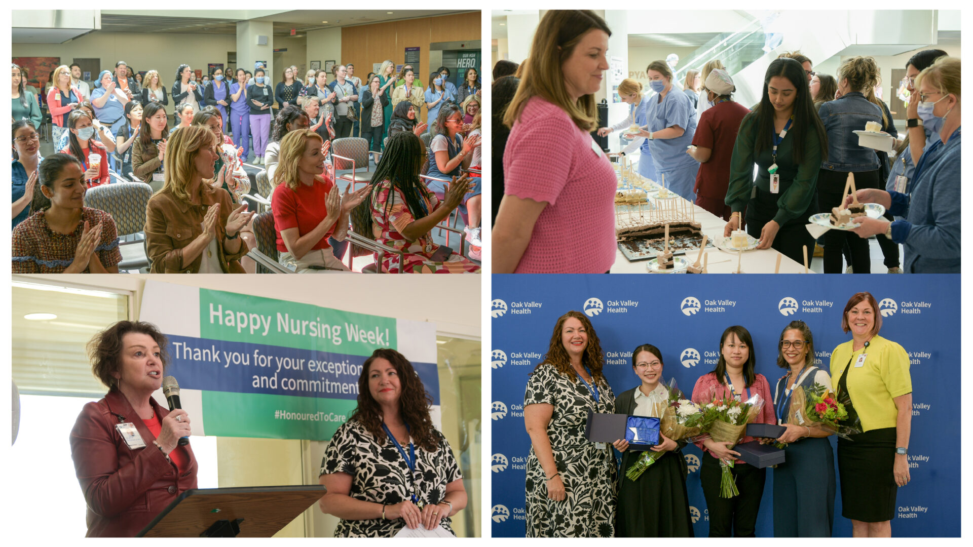 Collage image of the Oak Valley Health's nursing week awards at Markham Stouffville Hospital featuring a photo of the audiences at the lower link lobby, a second photo of staff picking up cakes, a third photo of the CEO, Jo-anne Marr, speaking with a microphone with another staff and a fourth photo of the award winners with Terri McEwan,  Vice President, Clinical Programs and Chief Nurse Executive (CNE) of Oak Valley Health